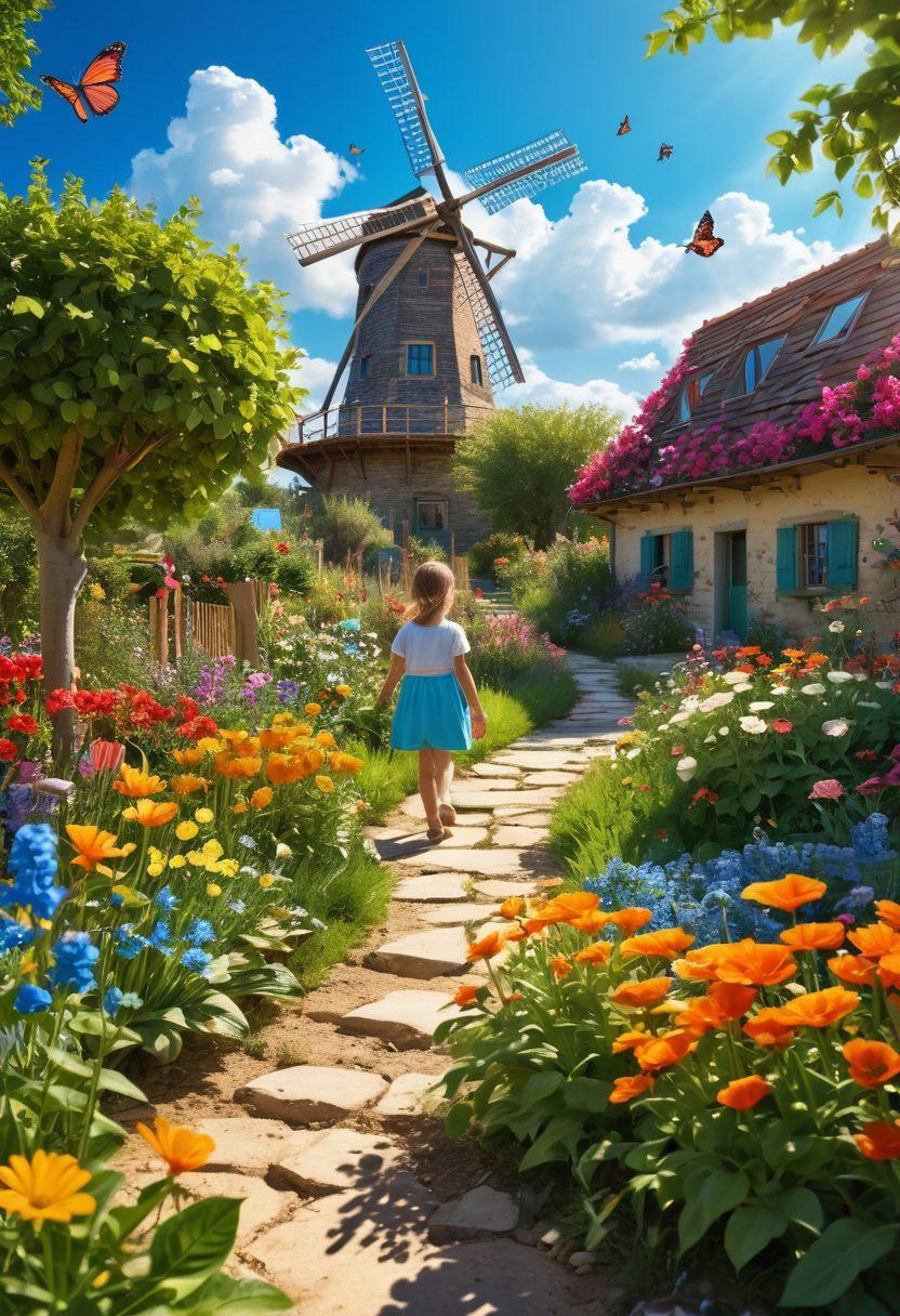 A lush garden bathed in warm sunlight, with diverse flowers blooming in vibrant colors symbolizing positivity. In the foreground, children are joyfully planting seeds together, embodying hope for the future. A clear blue sky overhead, filled with butterflies and birds soaring freely. Add elements of green energy, like windmills in the distance, to represent future success. super-realistic. vibrant colors. peaceful atmosphere.