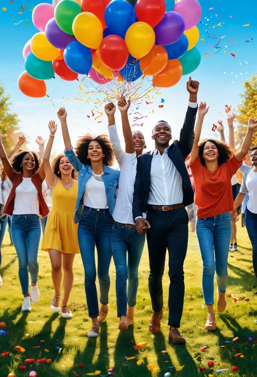 A bright, sunlit scene depicting a diverse group of people joyfully celebrating achievements, surrounded by balloons and confetti. In the background, a vibrant landscape with flowers symbolizing growth and hope. Show a path leading towards a horizon filled with promises of a happy tomorrow. Elements of laughter and joy should be emphasized through expressions and body language. vibrant colors. super-realistic.