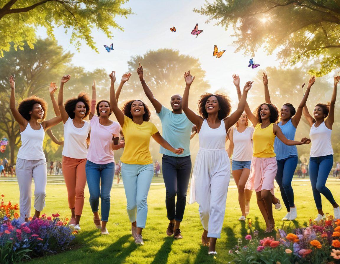 A radiant sunrise illuminating a diverse group of people joyfully engaging in activities like laughing, dancing, and helping each other in a vibrant park setting. Include colorful flowers and butterflies symbolizing growth and positivity, with soft pastel colors creating an uplifting atmosphere. super-realistic. vibrant colors. white background.